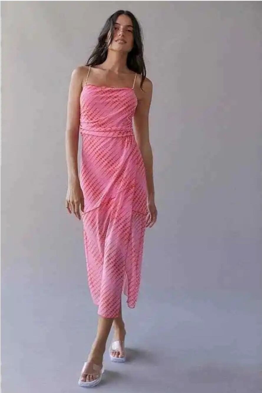 Urban Outfitters Dress Y2K Pink Mesh Midi Wild Side Draped Feminine M Boho 90's - Picture 1 of 5